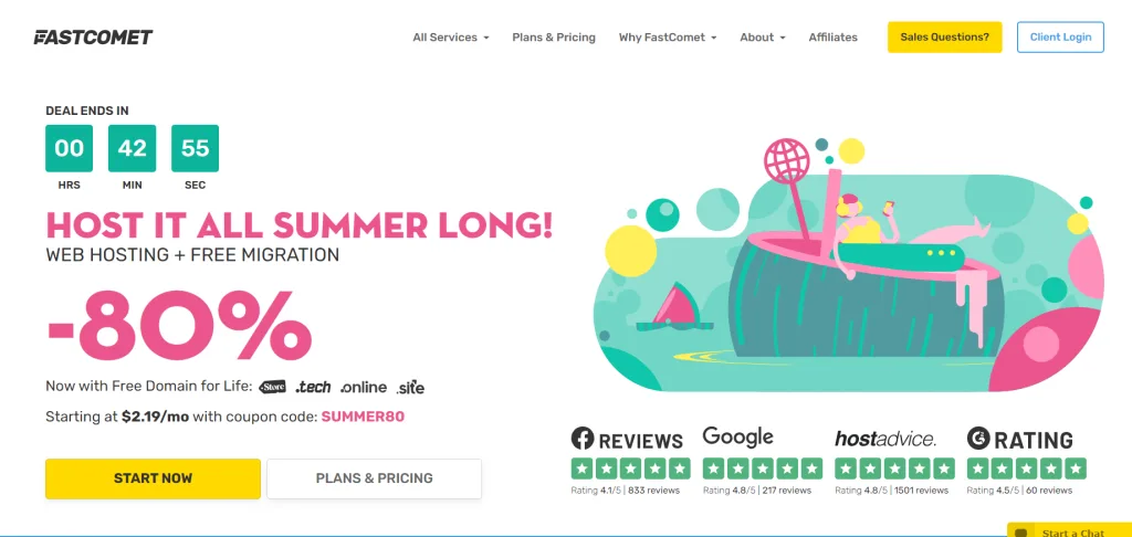 Scheenshot de la web de fastcomet con la promocion de 80% de verano